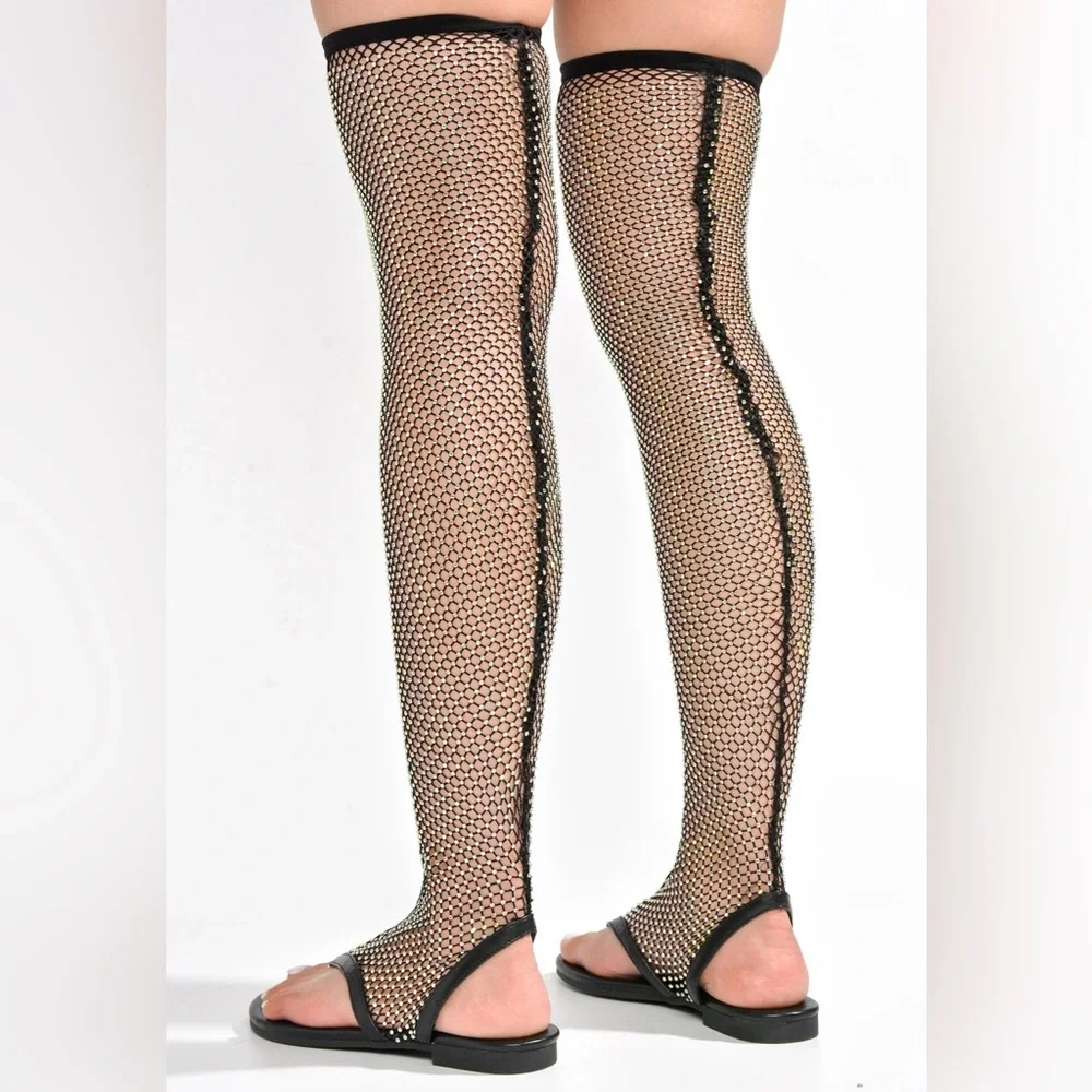Cape Robbin Hude Rhinestone Mesh Thigh High Flat Sandals - Black NWT - Picture 5 of 10